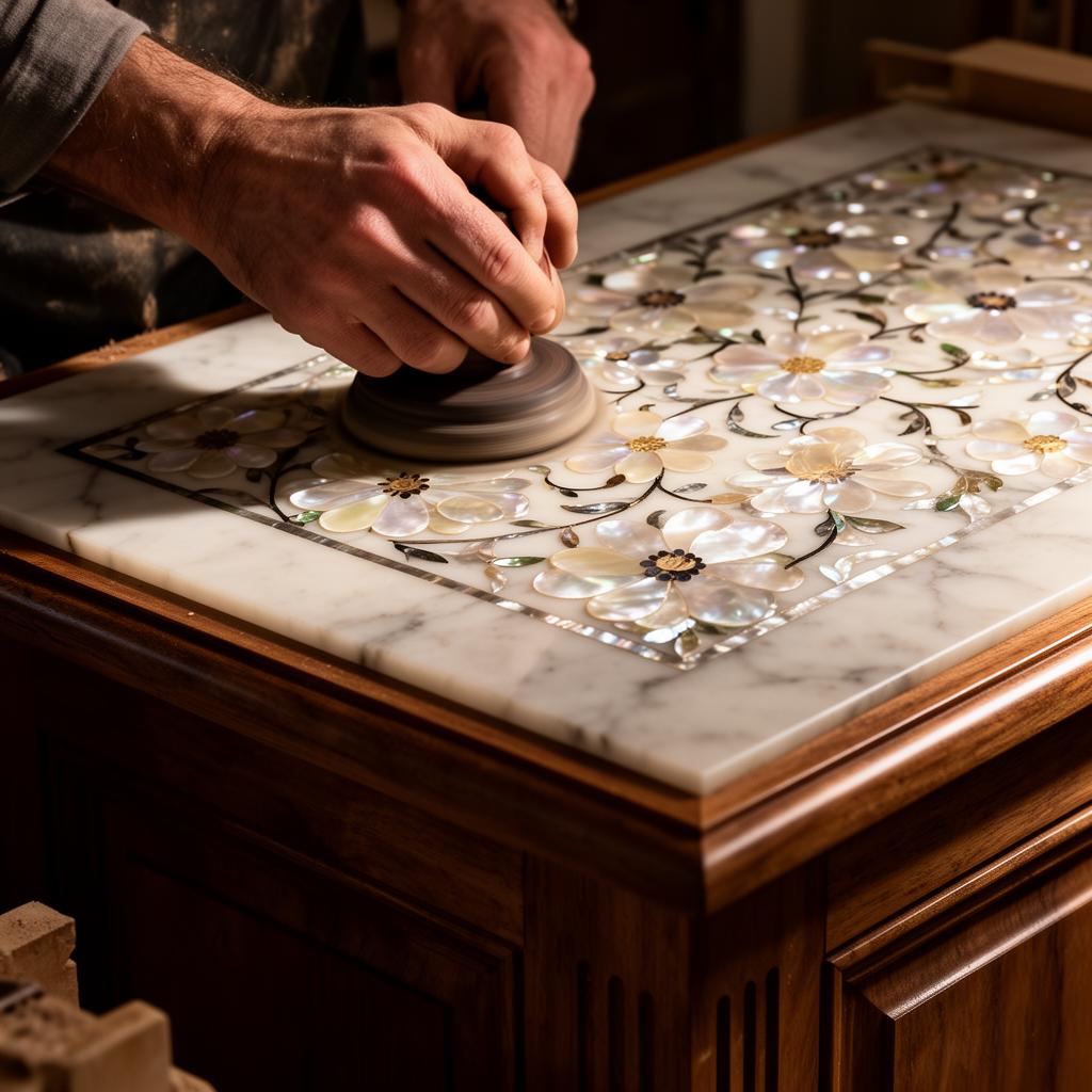 Craftsman hand-finishing a mother-of-pearl marble inlay tabletop