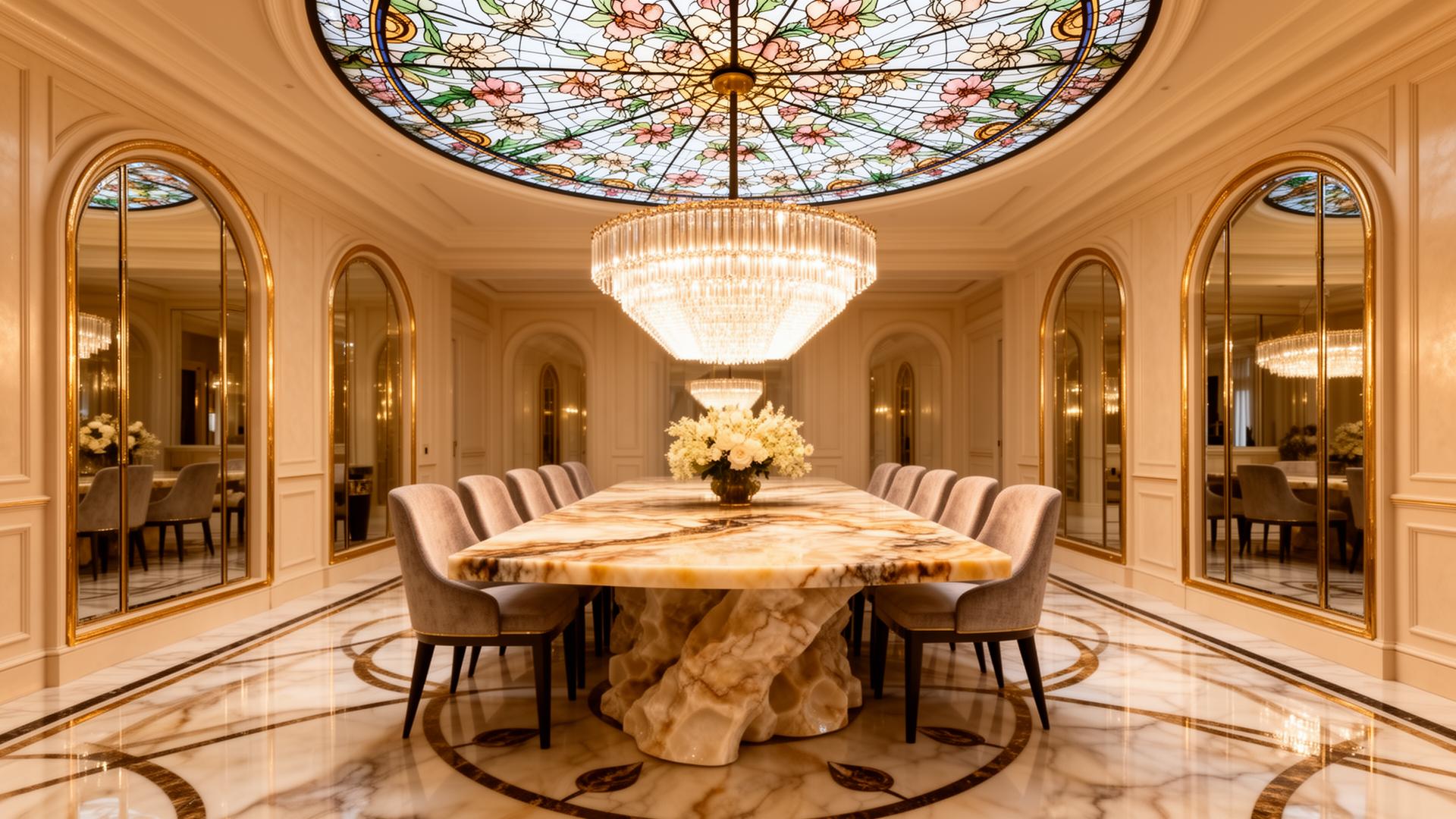 Luxury dining room with onyx marble table and stained glass dome by Imperial Build Co.